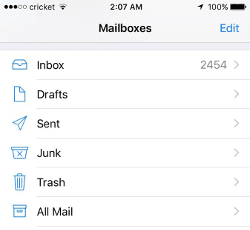 Screenshot of iPhone mailboxes screen