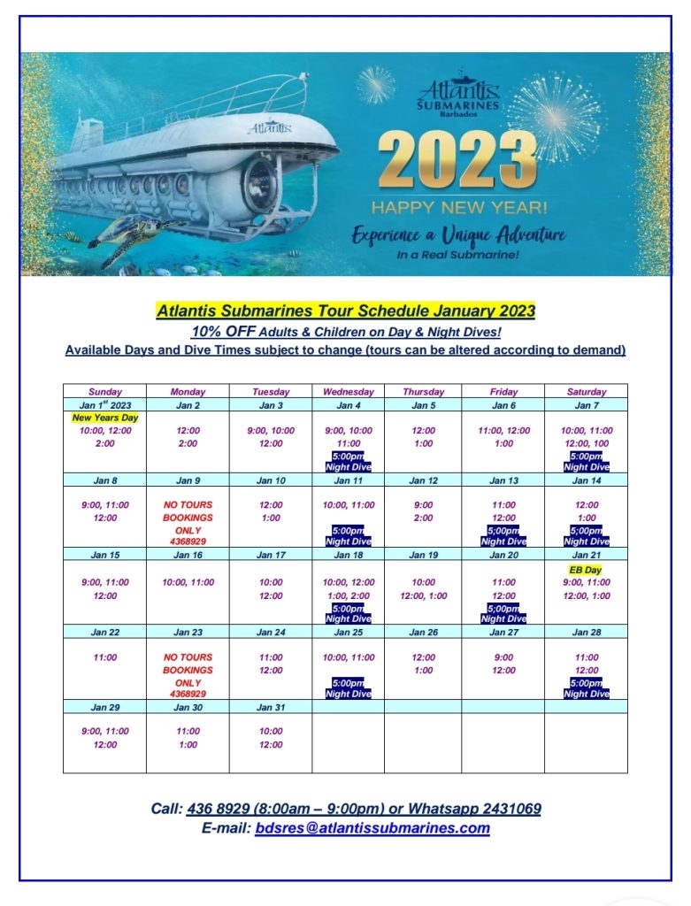 Atlantis Submarines Tour Schedule for January 2023