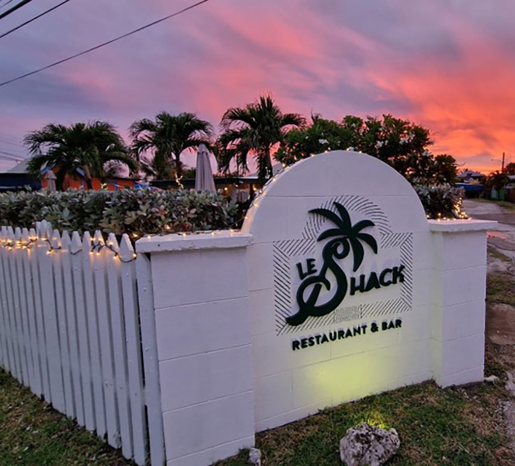 Entrance to Le Shack Restaurant and Bar at sunset in Barbados.
